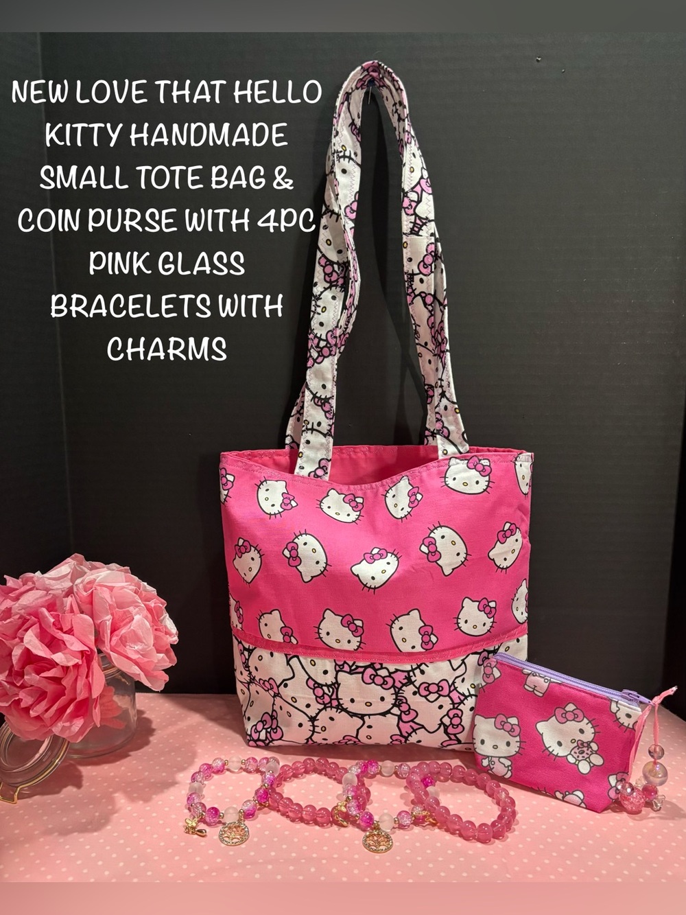 Sanrio Love That Hello Kitty Hand Small Tote with Coin Purse & 4pc Bracelet Set